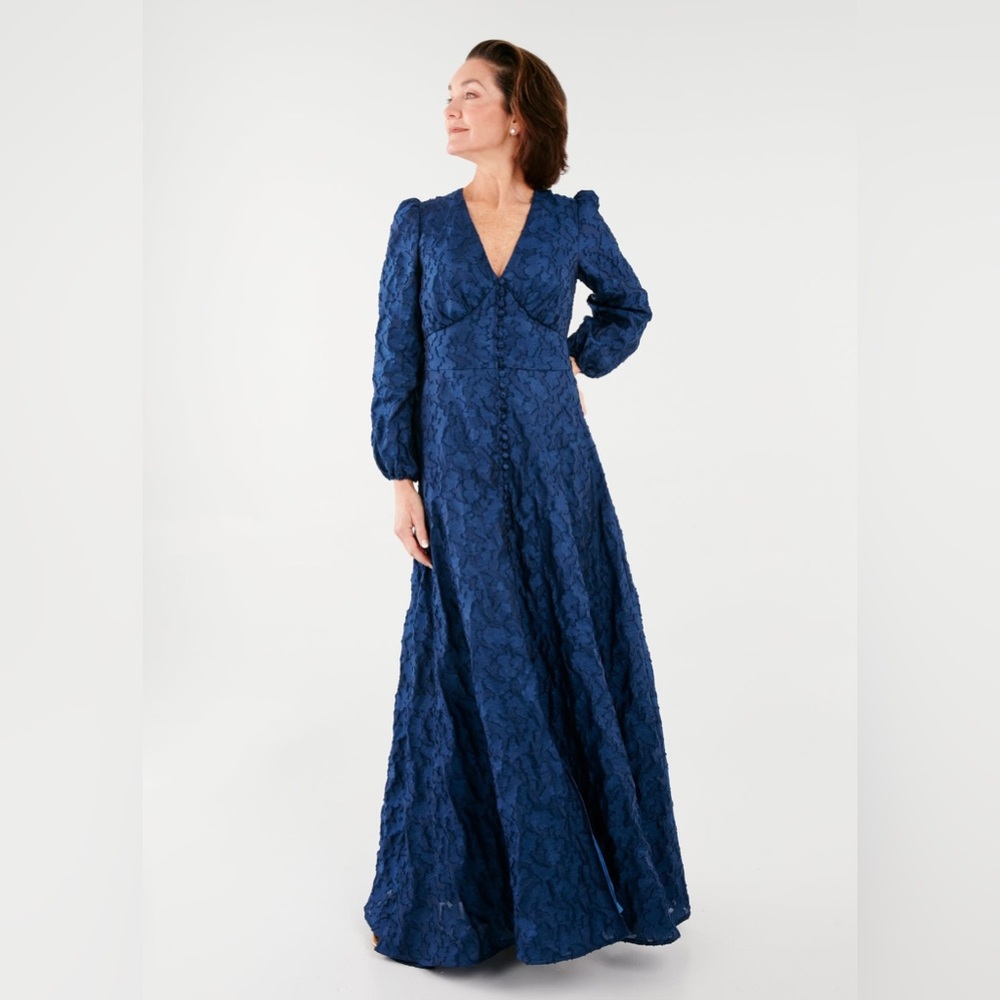 NWT Abbey Glass Brooke Organza V-Neck Button Front A-Line Maxi Dress Navy Sz XS - Picture 5 of 12
